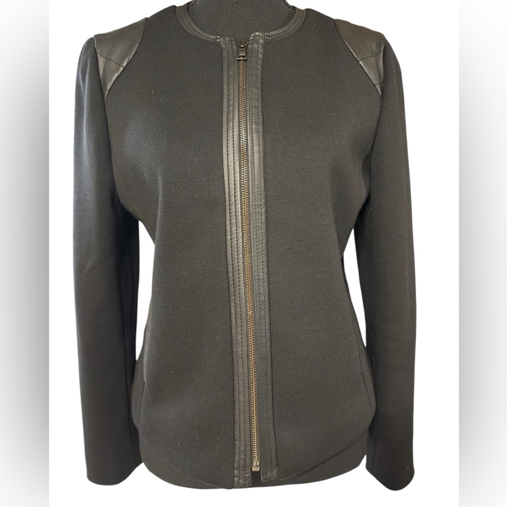 ANN TAYLOR ELEGANT BLACK FAUX LEATHER TRIM SHORT JACKET SIZE MP